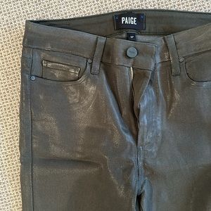 Paige “Hoxton Ankle” coated denim jeans in dark olive green